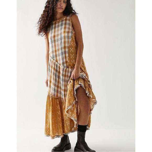 Free People No Stress Midi Dress Plaid Mixed Print in Autumn Size M - Picture 1 of 11